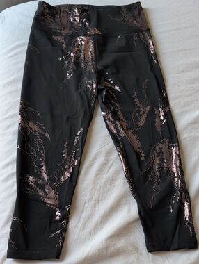 Sweaty Betty Black Leggings with Rose Gold Foil Botanical Print